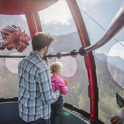 Ein Mann mit kariertem Hemd hält ein Kind in einer Seilbahn mit Bergblick.